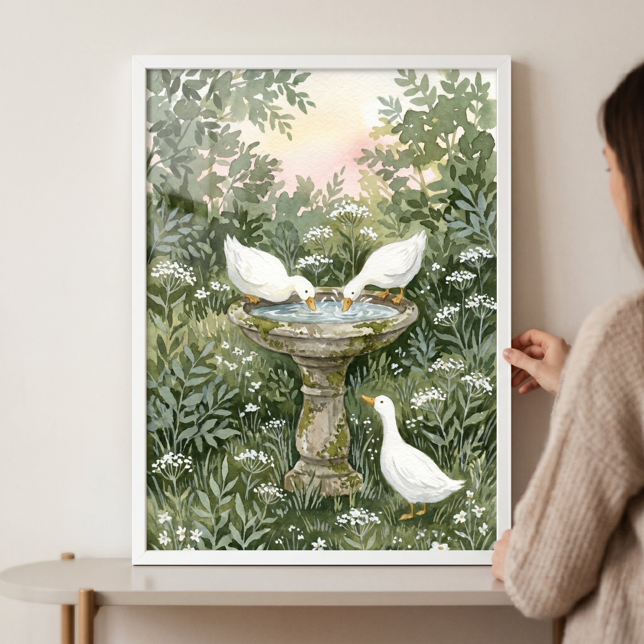 Mossy Birdbath White Duck Wall Art - Garden Duck Gathering