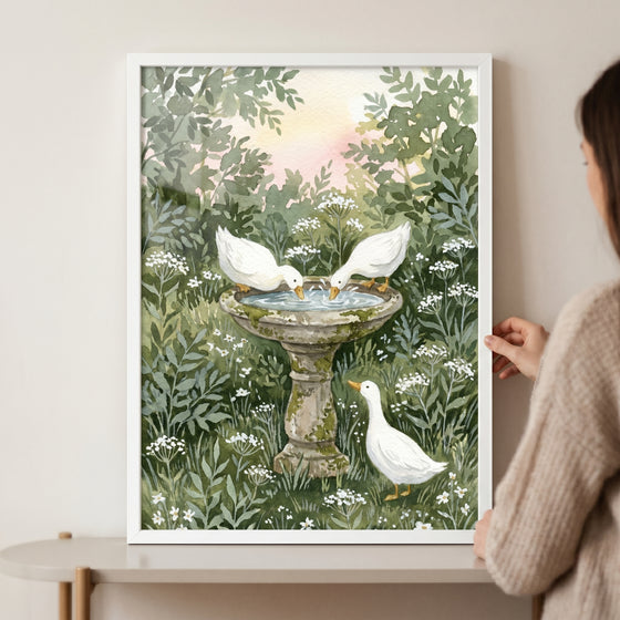 Mossy birdbath white duck wall art in a watercolor style, featuring three ducks in a lush garden with white flowers.