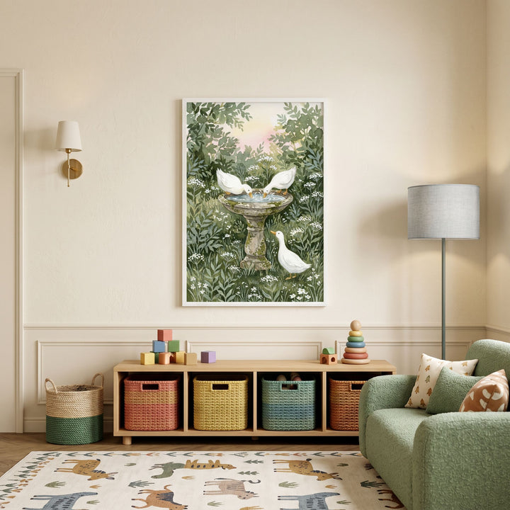 Mossy birdbath white duck wall art hangs in a nursery with colorful storage baskets, a green armchair, and an animal rug.