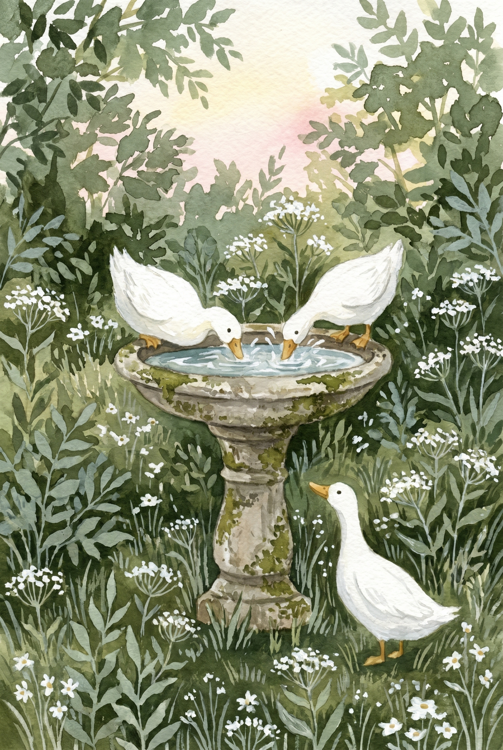 Mossy Birdbath White Duck Wall Art - Garden Duck Gathering
