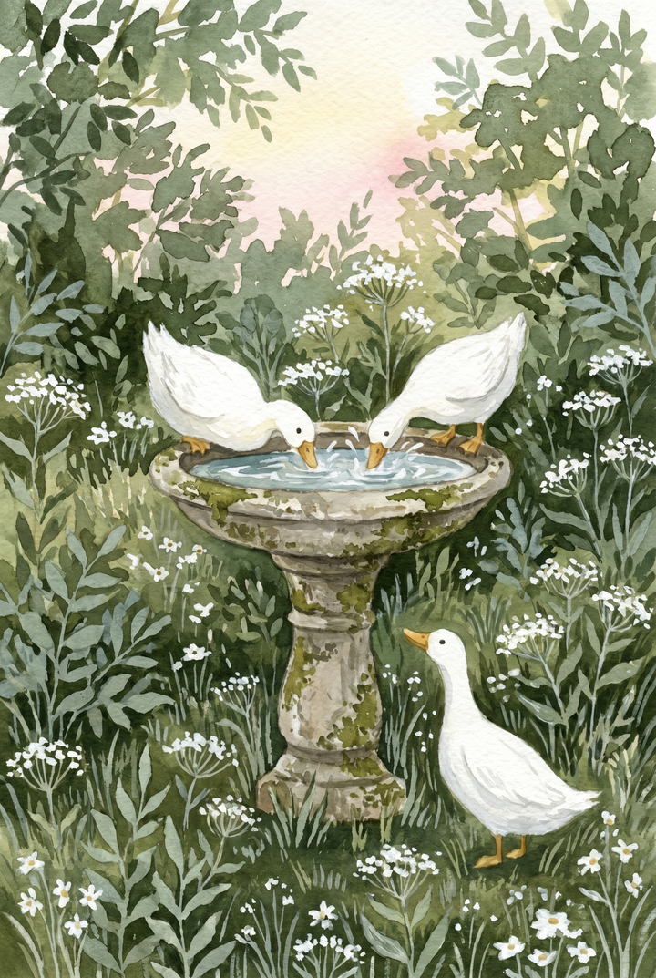Three white ducks splash in a mossy birdbath in a floral garden, a serene mossy birdbath white duck wall art.