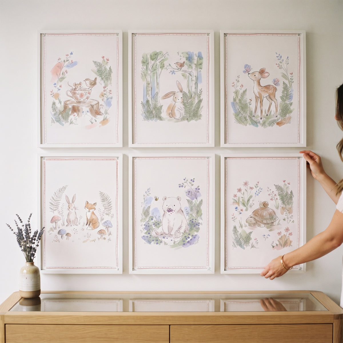 Mossy Botanical Woodland Animal Wall Art Set of 6 - Whimsical Meadow Sketches