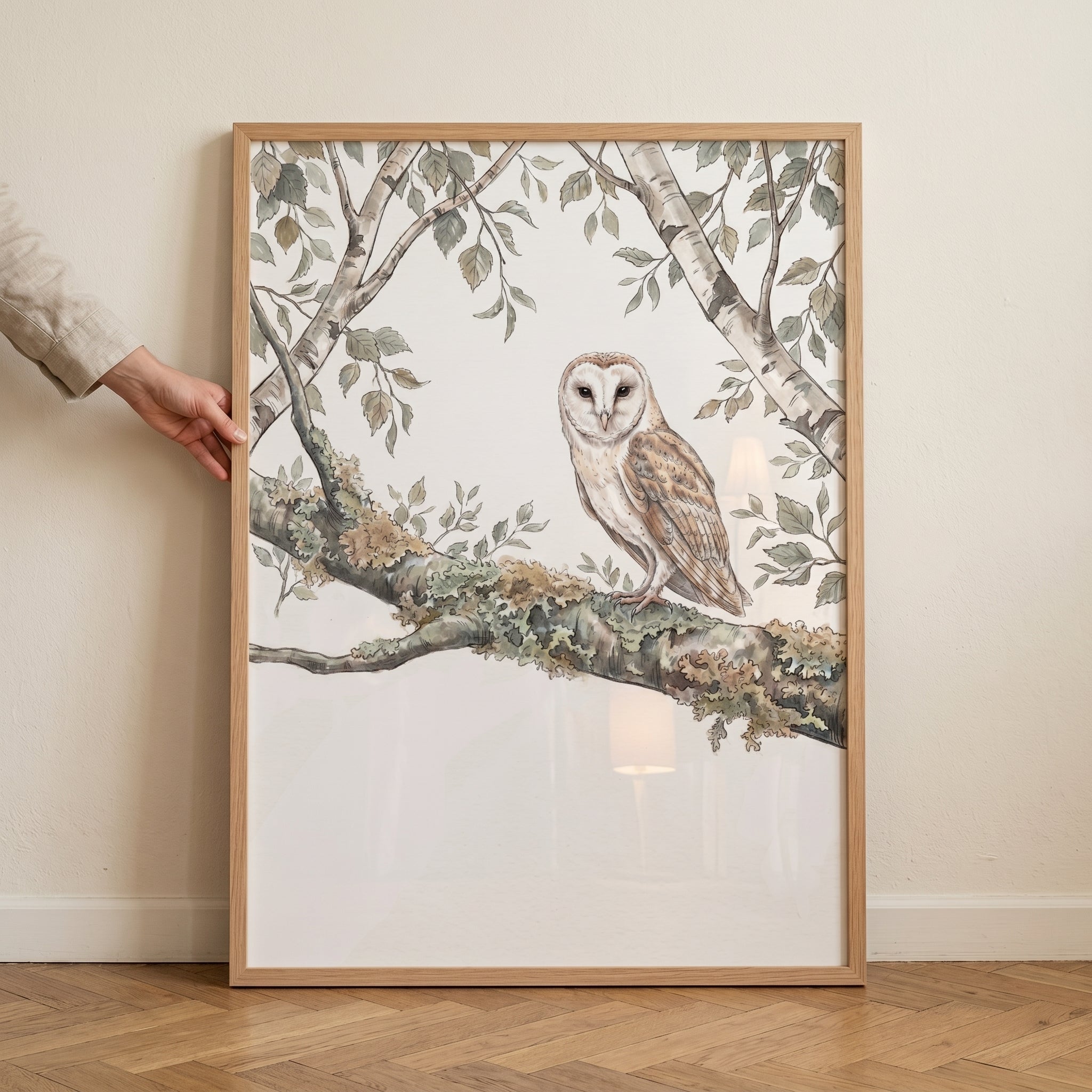 Mossy Branch Barn Owl Wall Art - Silent Birch Guardian