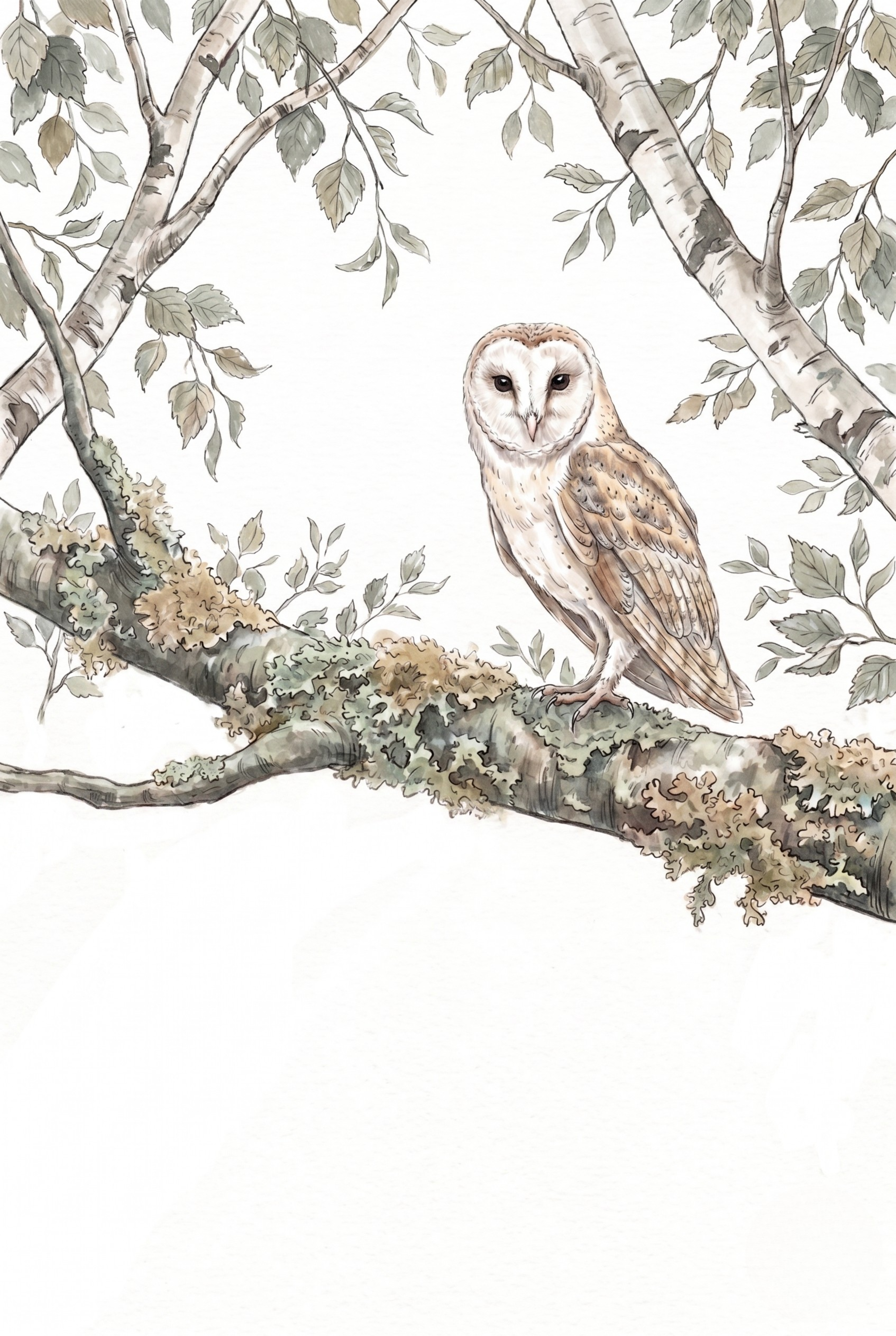 Mossy Branch Barn Owl Wall Art - Silent Birch Guardian