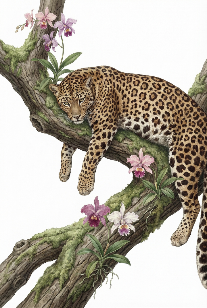 Leopard rests on a mossy branch with pink orchids in this mossy branch orchid leopard wall art.
