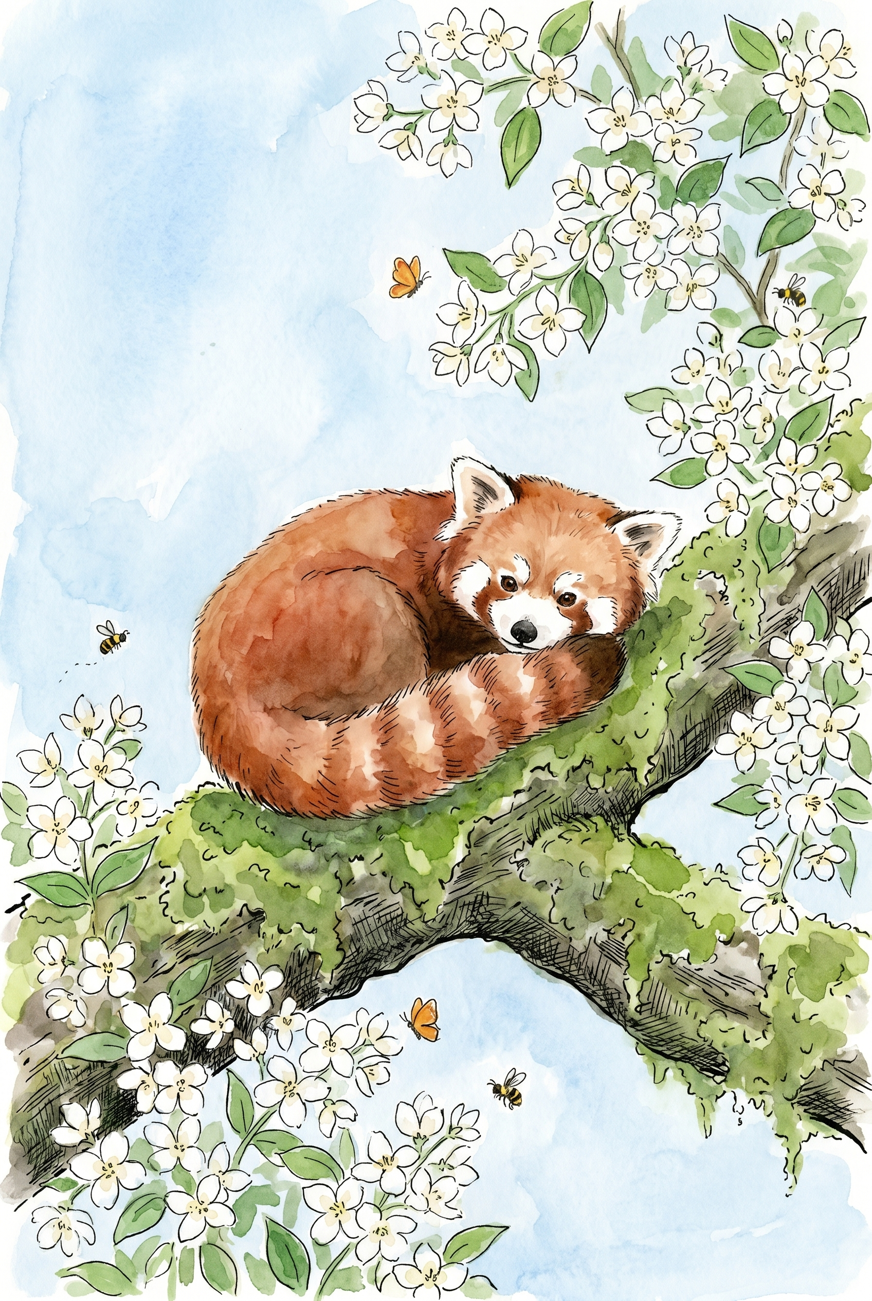 Mossy Branch Red Panda Wall Art - Spring Blossom Nap