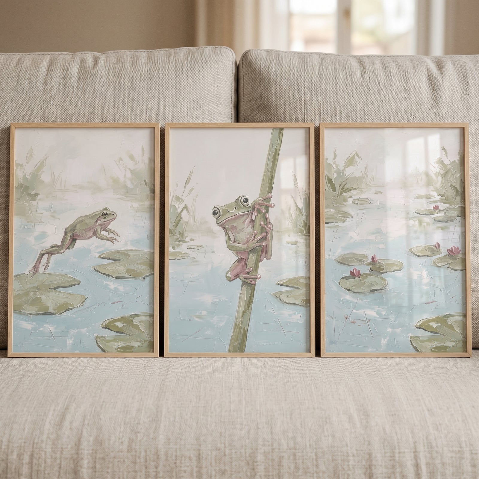mossy green lily pad wall art set of 3 featuring frogs jumping and climbing in a serene pond setting.