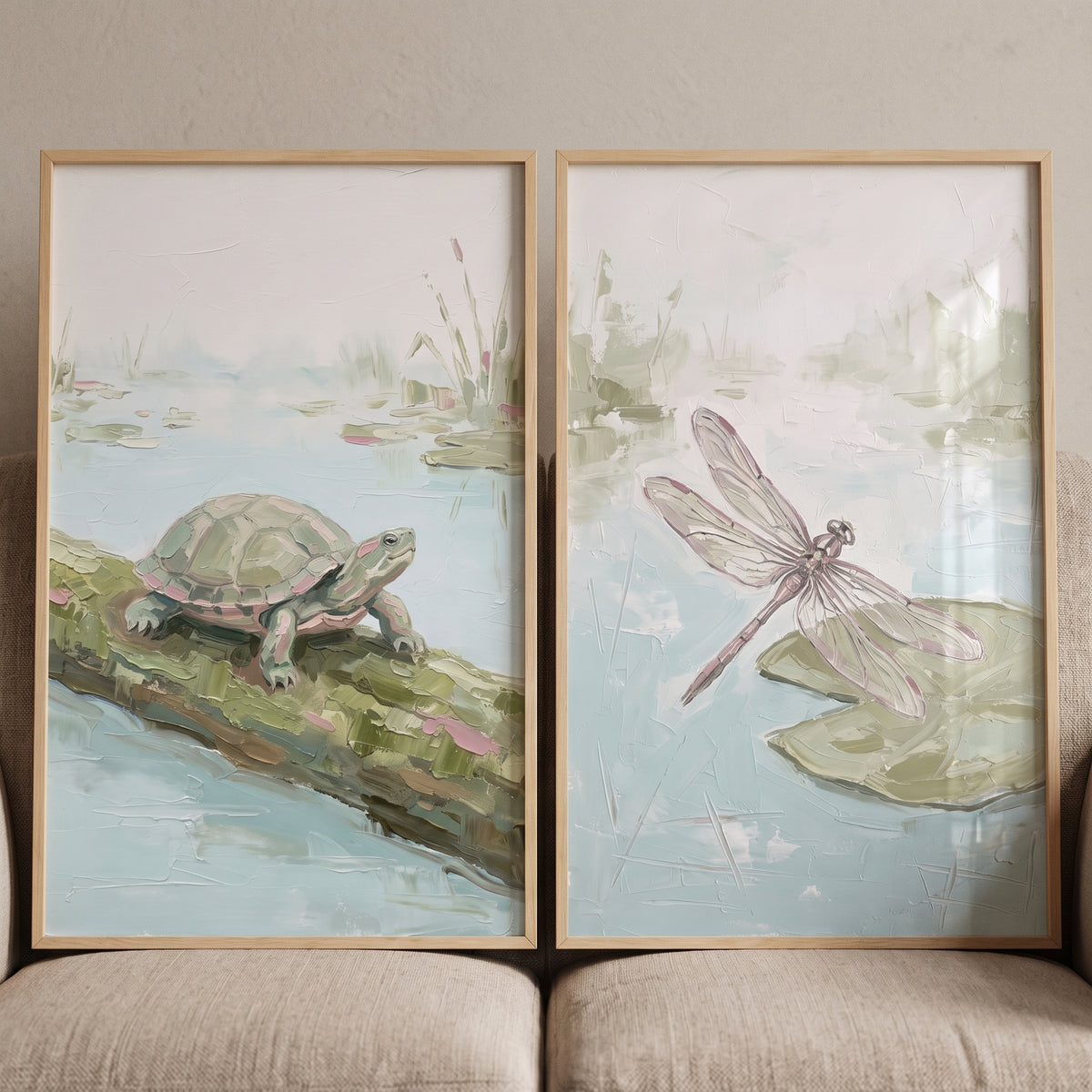 Mossy Green Pond Animals Wall Art Set of 2 - Quiet Marshland Duo