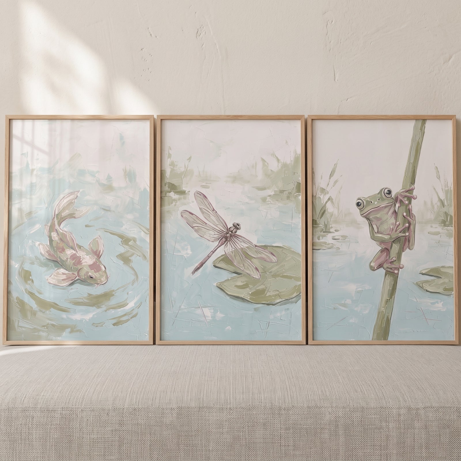 Mossy green pond wall art set of 3 depicting a swimming fish, a dragonfly on a lily pad, and a frog on a reed.