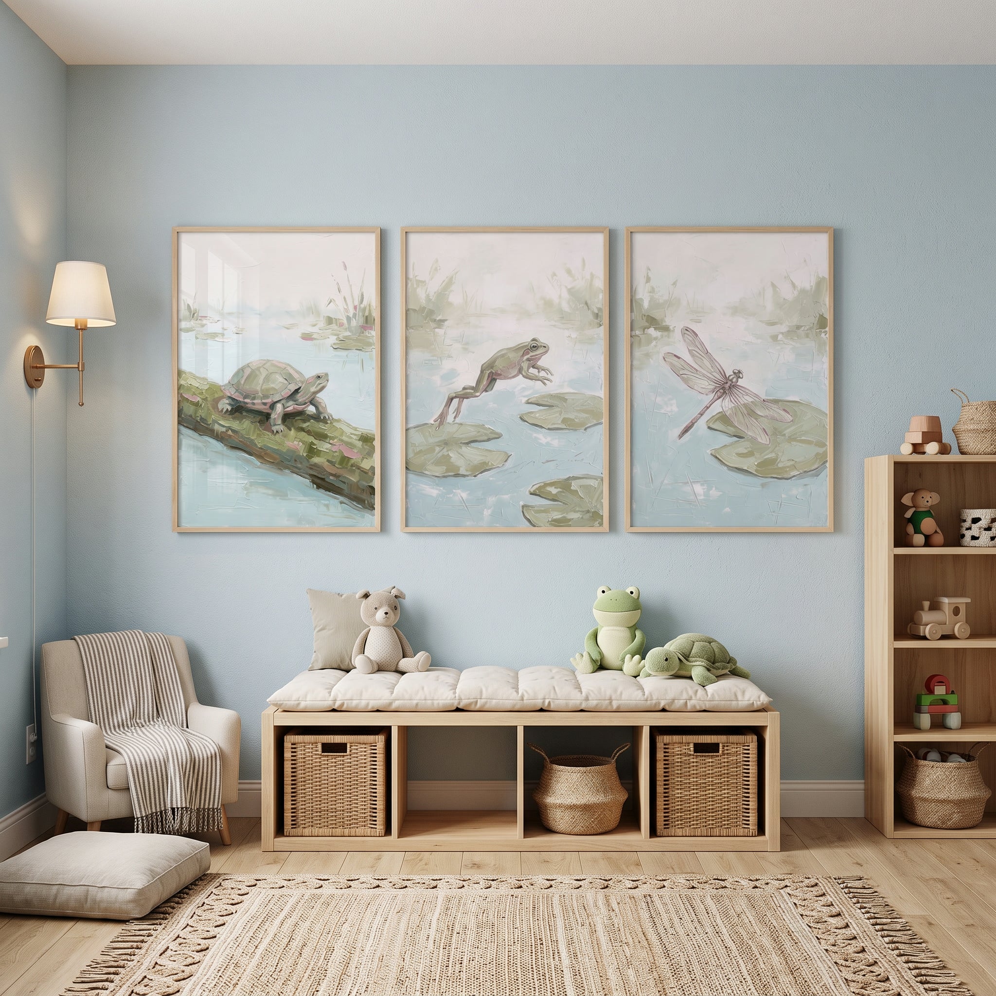 Mossy Sage Pond Animals Wall Art Set of 3 - Serene Wetland Wonders