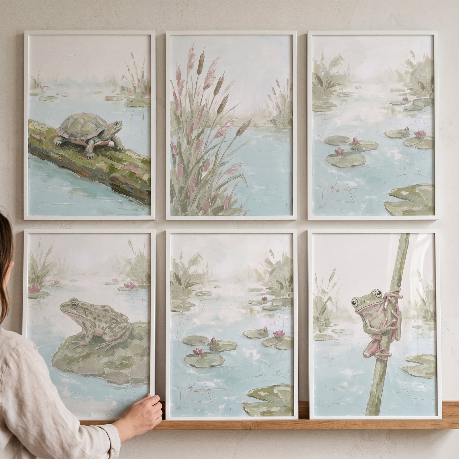 Mossy sage wetland animals wall art set of 6 features framed illustrations of frogs and a turtle in soft marsh settings.