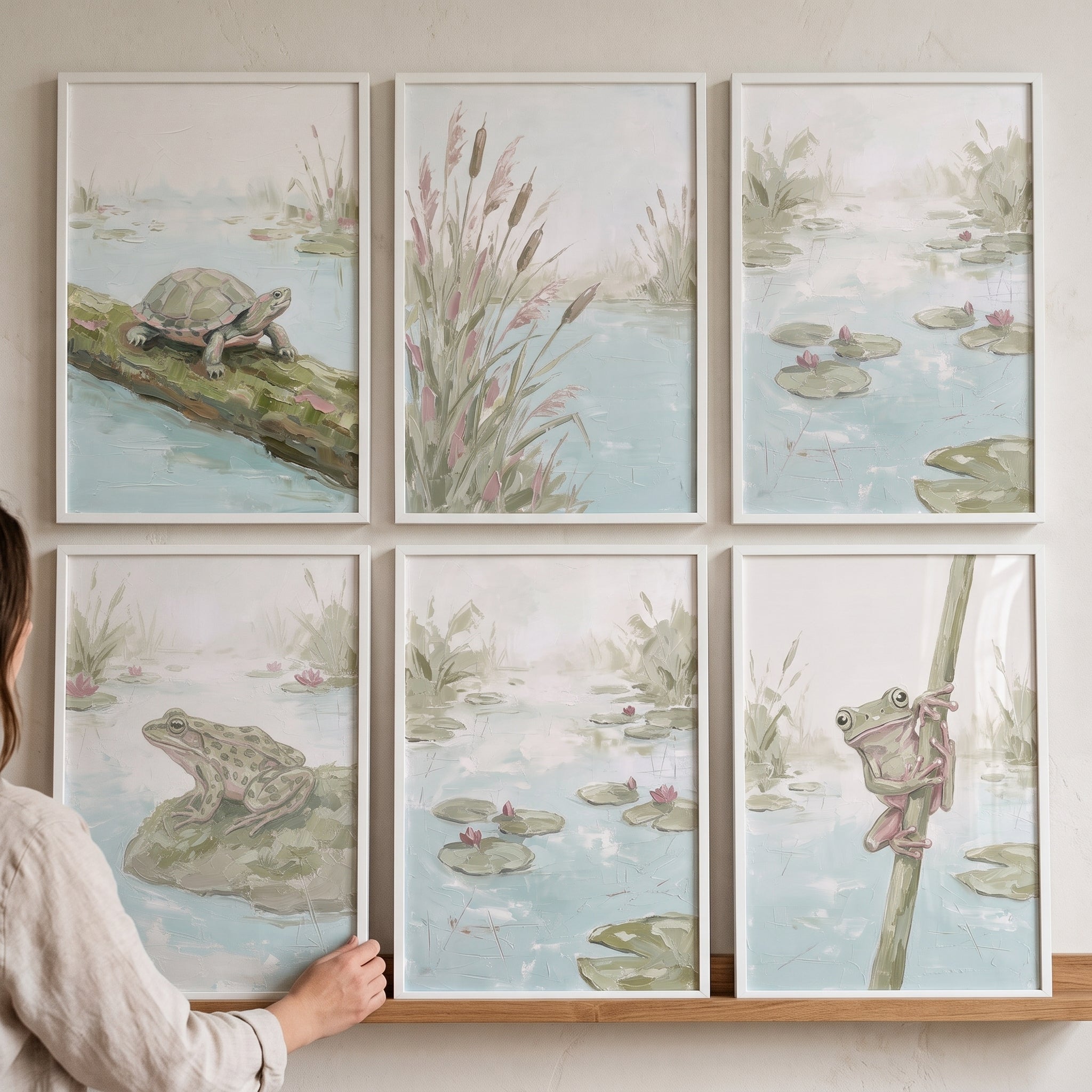 Mossy Sage Wetland Animals Wall Art Set Of 6 - Lily Pad Dreams