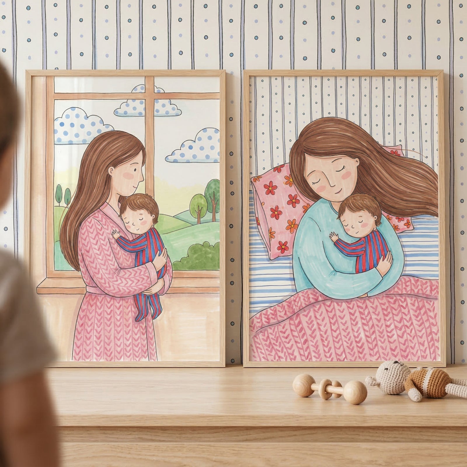 Two framed illustrations lean against a patterned wall above a light wood surface. The left artwork shows a woman in a pink robe holding a sleeping baby in striped pajamas before a window with a view of green hills and clouds. The right artwork shows the woman and baby cuddling in bed under a pink patterned blanket. On the wooden surface below, there is a simple wooden rattle and a small crocheted animal toy. The scene is depicted in a soft, storybook style with gentle colors.