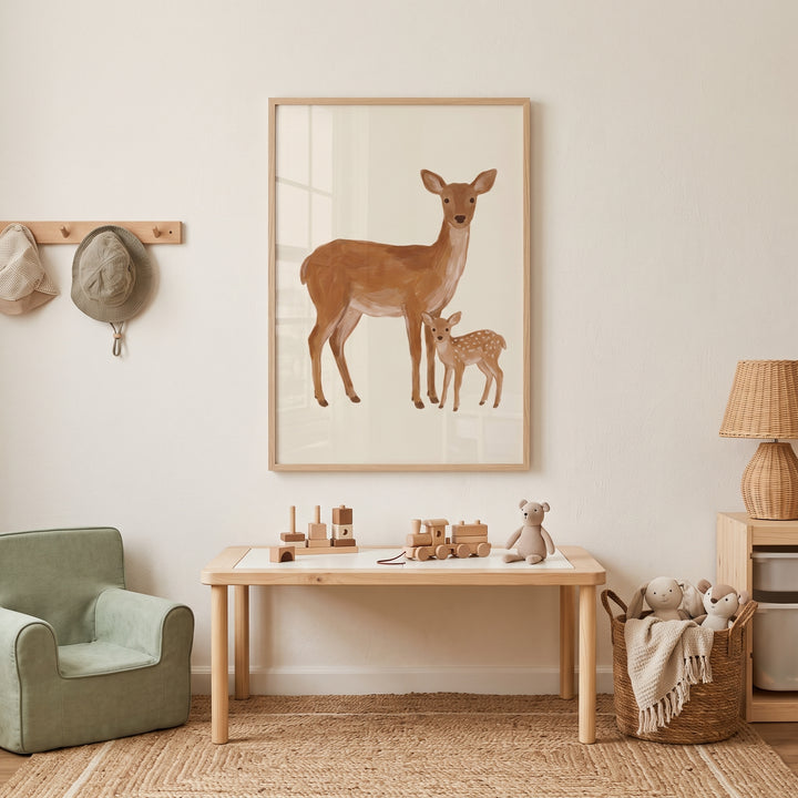Mother baby deer wall art hangs above a wooden table. A green armchair, lamp, and toy basket sit on a jute rug.