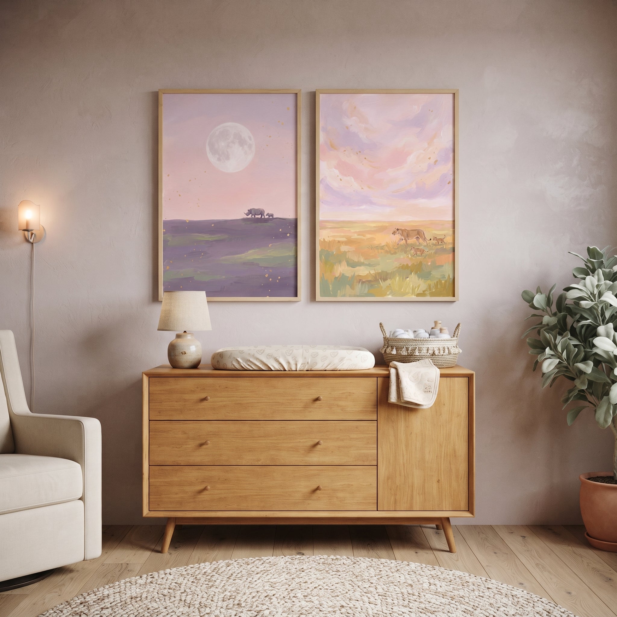 Mother Baby Safari Animals Wall Art Set of 2 - Savanna Sunset Dreams