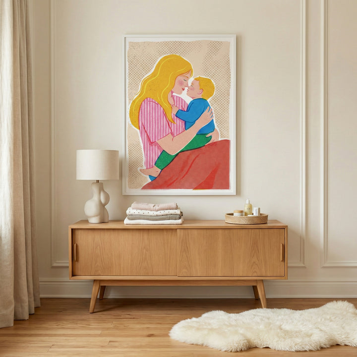 An illustration in a thin white frame is centered on a light cream wall with elegant molding. The artwork shows a woman with long blonde hair in a pink and white striped shirt holding a baby close to her face. The baby wears a blue top and green trousers, and a large red section anchors the bottom of the composition. Below the framed piece, a light-colored wood sideboard with thin legs and sliding doors sits on a polished wooden floor. On the left side of the sideboard, there is a white lamp with a bulbous,