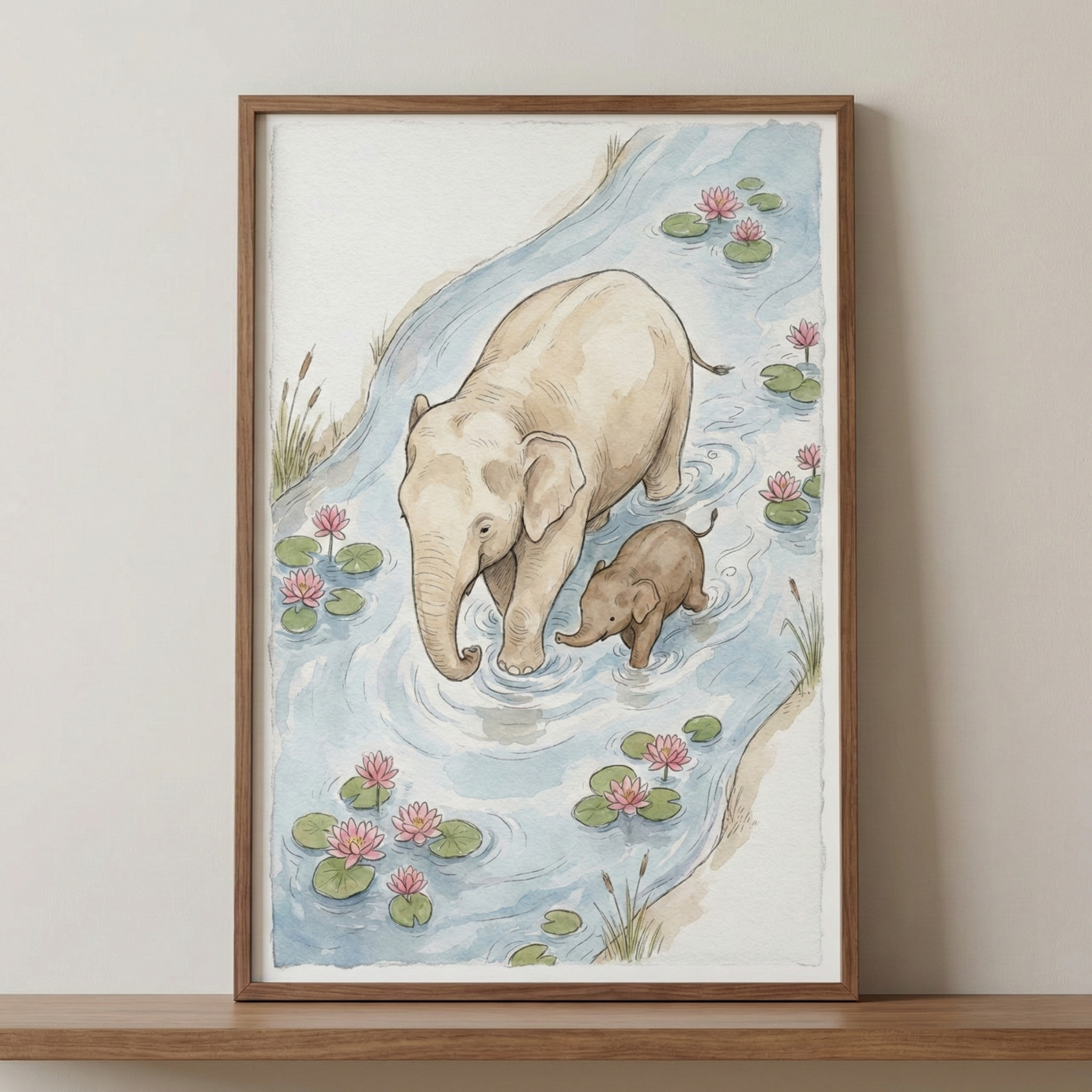 A framed watercolor-style illustration depicts a mother elephant and her calf wading through a shallow, light blue stream. Muted pink water lilies with green pads are scattered throughout the water, creating gentle ripples around the elephants' legs. Tall grass lines the sandy banks of the stream. The artwork is housed in a simple wooden frame and sits on a matching wooden shelf against a neutral, off-white wall. The entire scene has a soft, serene, and calming aesthetic.