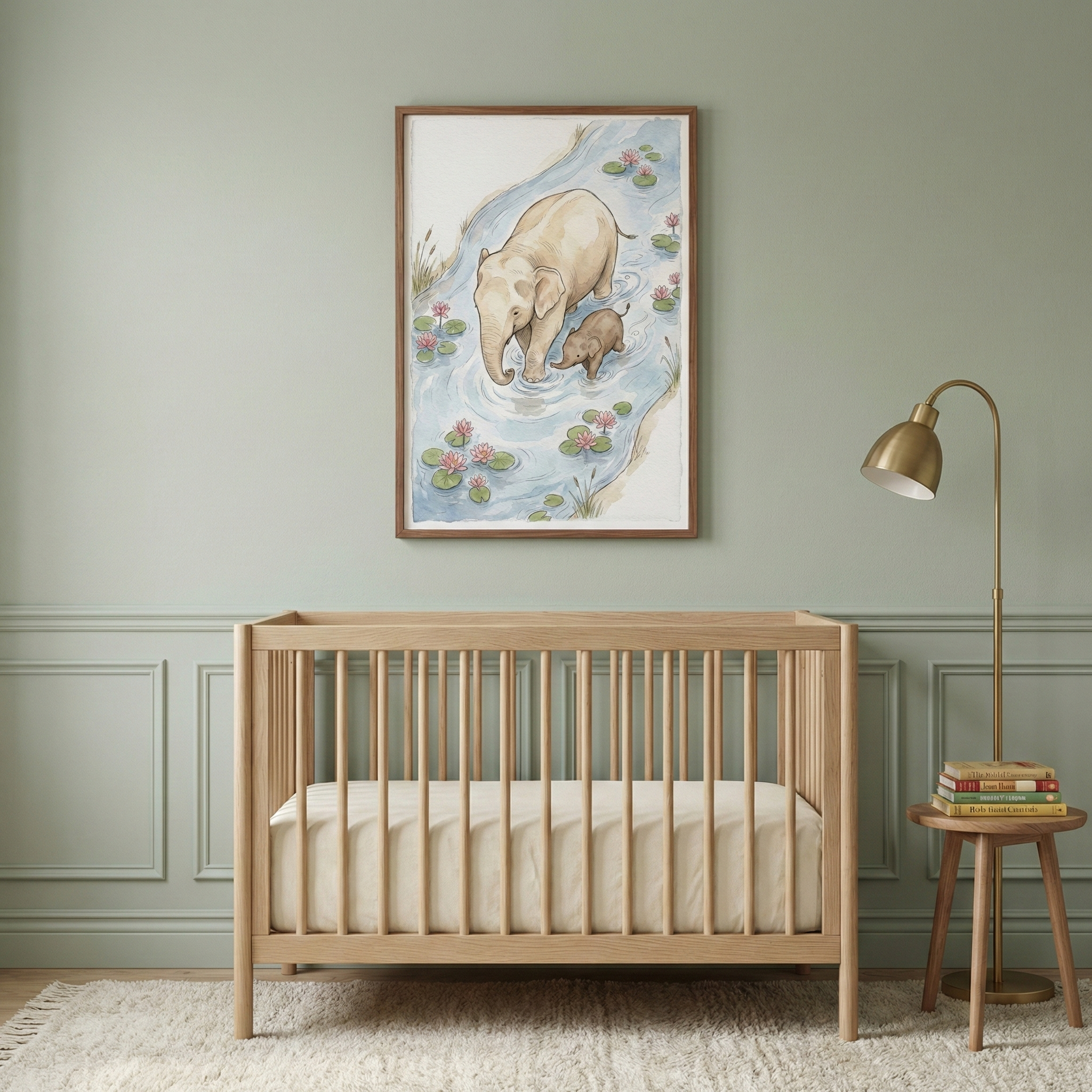 A serene nursery features a light wood crib against a muted sage green wall with classic paneling. Above the crib hangs a framed watercolor illustration showing an adult elephant and its calf wading through water among pink lilies. To the right, a gold floor lamp stands next to a small wooden stool with colorful books. A plush, off-white textured rug covers the floor, completing the calm and inviting space.