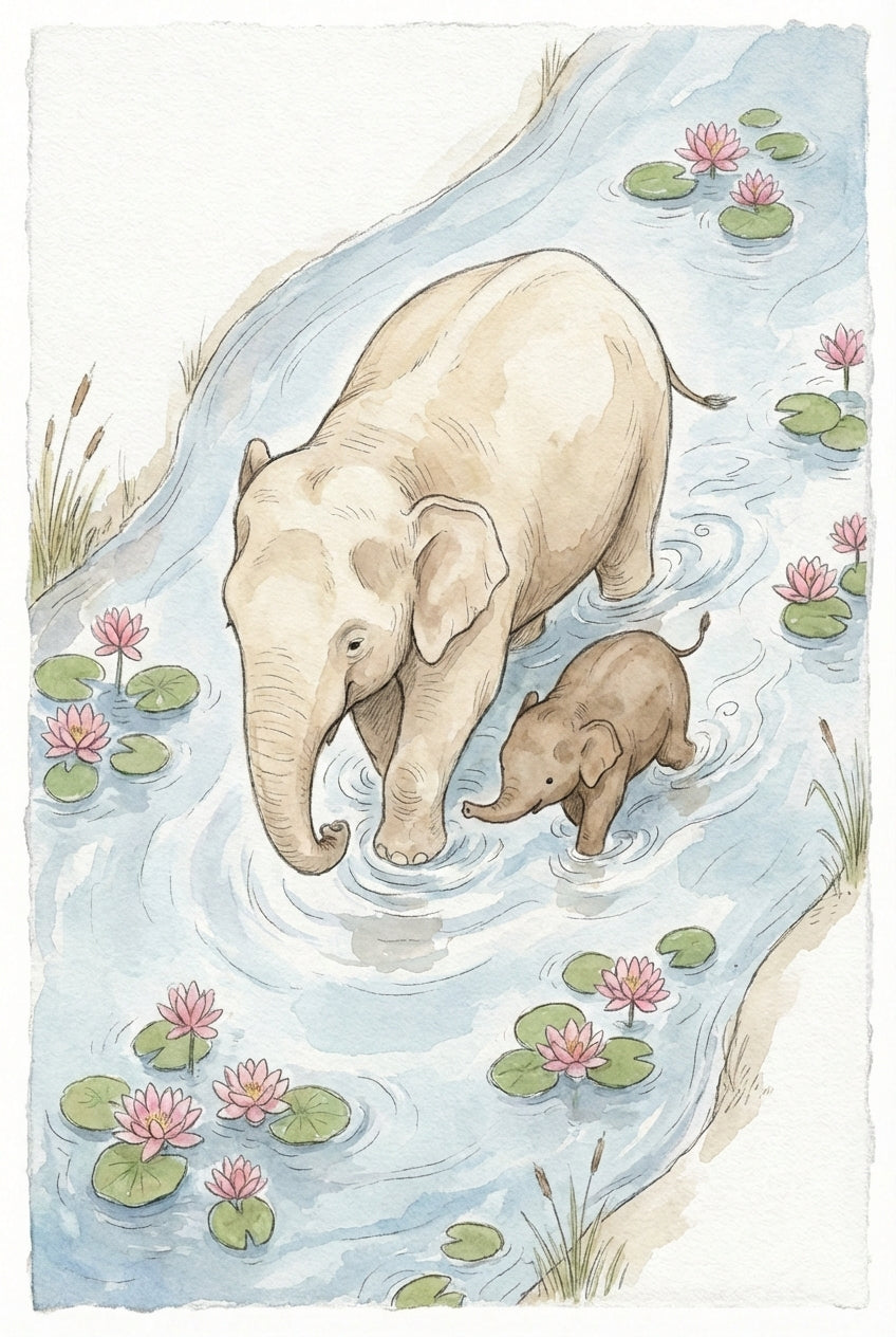A gentle watercolor illustration depicts a large mother elephant and her small calf wading through a pale blue stream. The elephants are rendered in soft beige and brown tones with fine outlines. Pink lotus flowers on green lily pads float in the water around them, creating soft ripples. Tall reeds grow along the grassy banks. The overall scene is peaceful and tender, set against a simple background. The image has a textured, deckled-edge paper appearance.