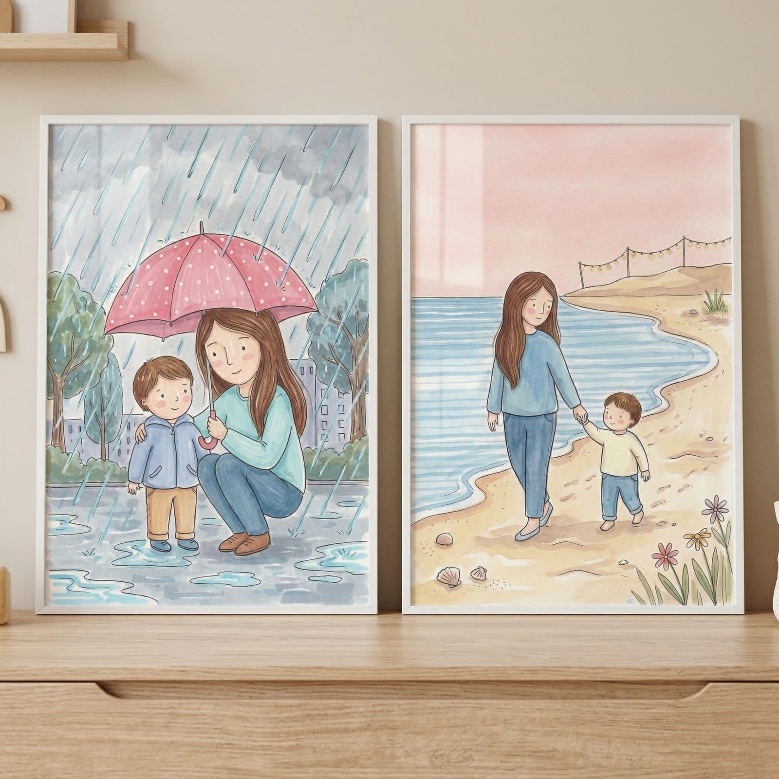 Two framed vertical illustrations sit side-by-side on a light wooden surface. The artwork features a soft, gentle style with a muted color palette.

The illustration on the left depicts a scene on a rainy day. A woman with long brown hair is crouching down, holding a large pink umbrella with white polka dots over herself and a young boy. The boy, wearing a light blue jacket and tan pants, stands next to her. 