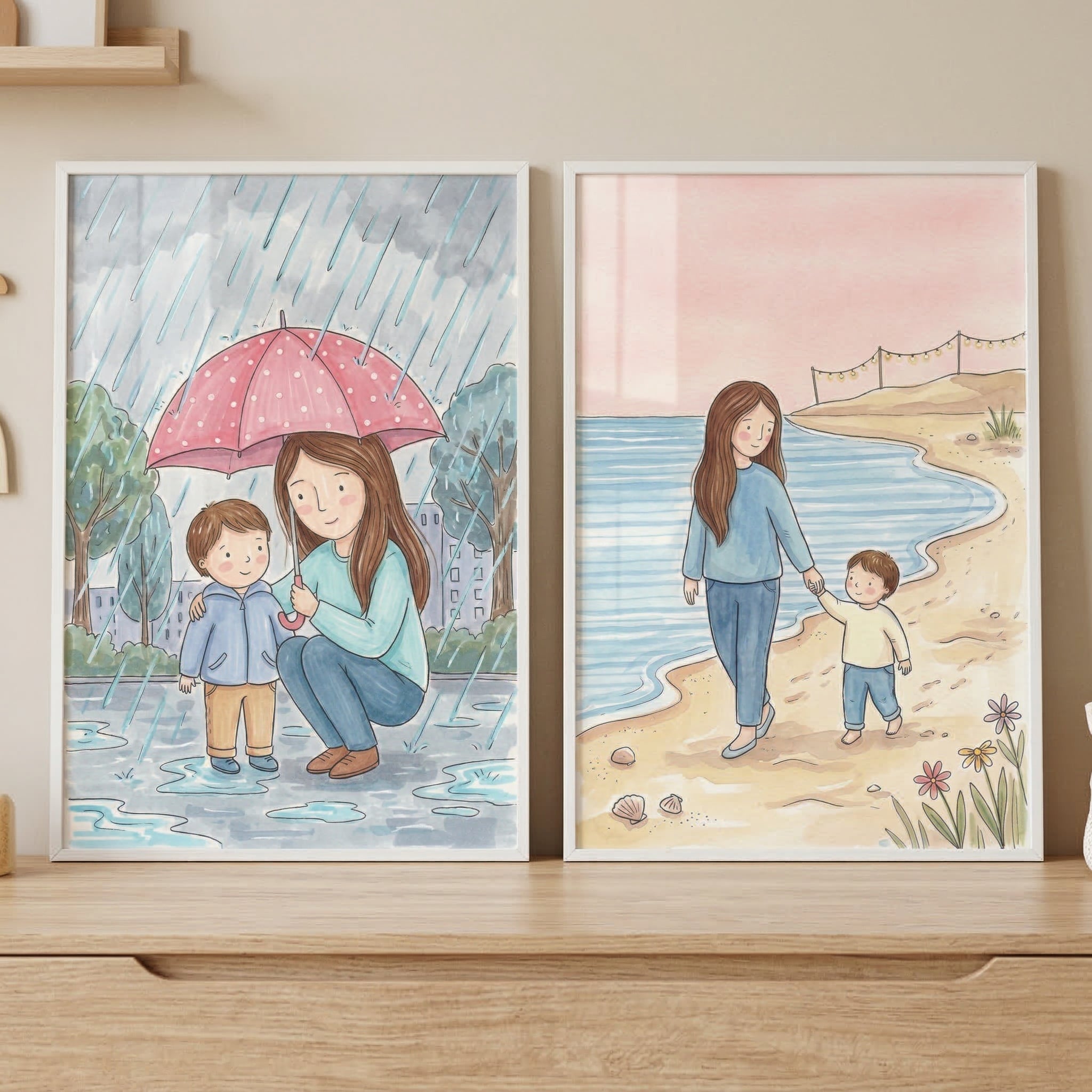 Mother Son Outdoor Stroll Wall Art Set of 2 - Rain Or Shine