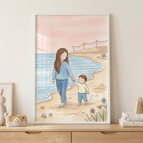 A soft watercolor illustration of a mother and her young son walking hand-in-hand along a peaceful beach. The mother has long, flowing brown hair and wears a simple blue long-sleeved shirt and matching trousers. The little boy has short brown hair and wears a pale yellow long-sleeved top and blue pants. 

