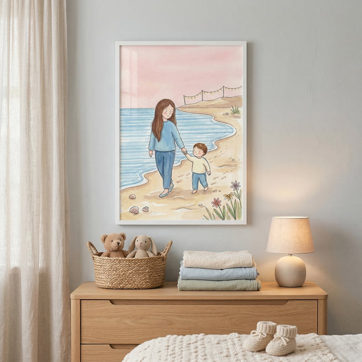 A soft watercolor illustration with a gentle hand-drawn aesthetic and a pastel color palette. The scene depicts a long-haired woman in a light blue top and blue pants walking hand-in-hand with a small boy in a cream sweater and blue pants. They are walking along the edge of a calm, pale blue ocean on a light tan sandy beach. The sky is a soft, gradient of peach and pink. In the background, there are simple rolling hills and a row of fence posts. 