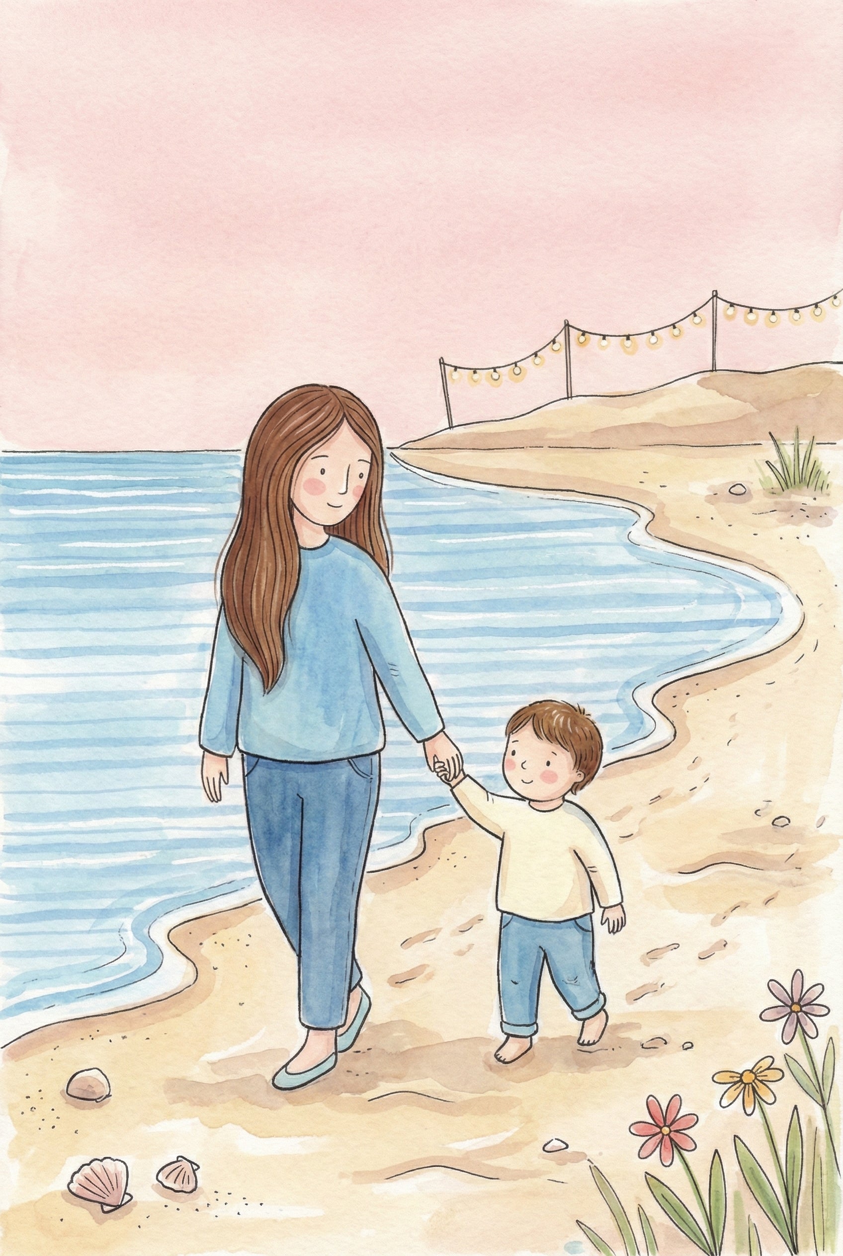 Mother And Son Beach Walk Wall Art - Seaside Stroll