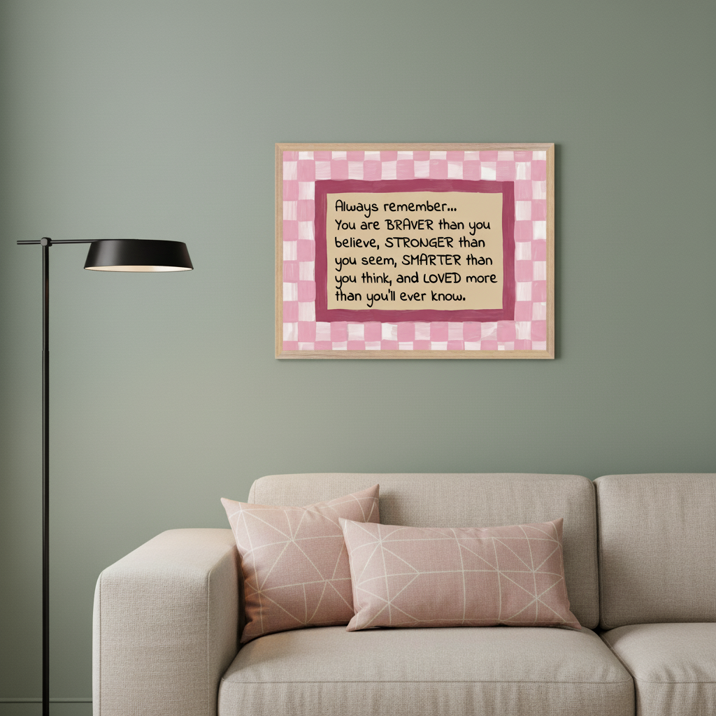 Modern living room with a beige sofa and a black floor lamp. A framed print with a pink and white checkered background features the quote: "Always remember... You are BRAVER than you believe, STRONGER than you seem, SMARTER than you think, and LOVED more than you'll ever know."