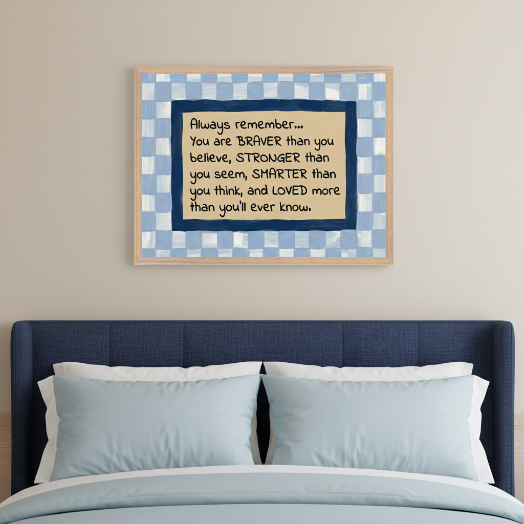 Bedroom with a navy blue upholstered bed and light blue bedding. A framed inspirational quote with a blue checkered border hangs centered above the bed on a beige wall. The quote says, "Always remember... You are BRAVER than you believe, STRONGER than you seem, SMARTER than you think, and LOVED more than you'll ever know."