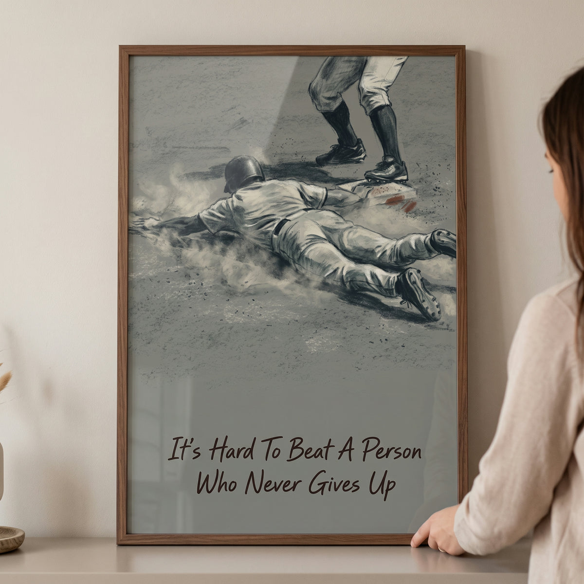 Motivational quote baseball player sports wall art showing a player sliding into base with text about never giving up.