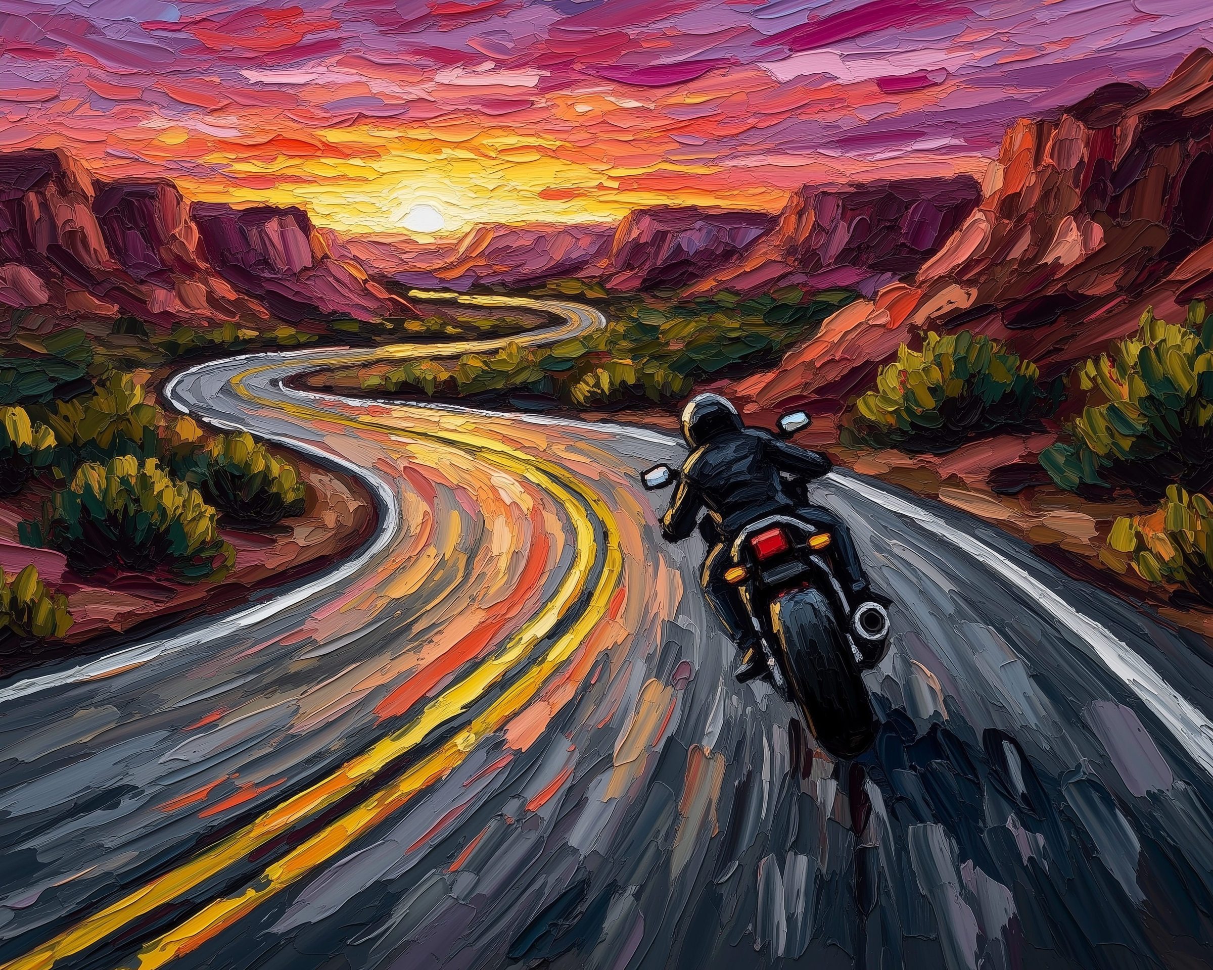 A motorcyclist rides along a winding road through a vibrant desert landscape at sunset, with vivid orange and purple skies illuminating the scene.