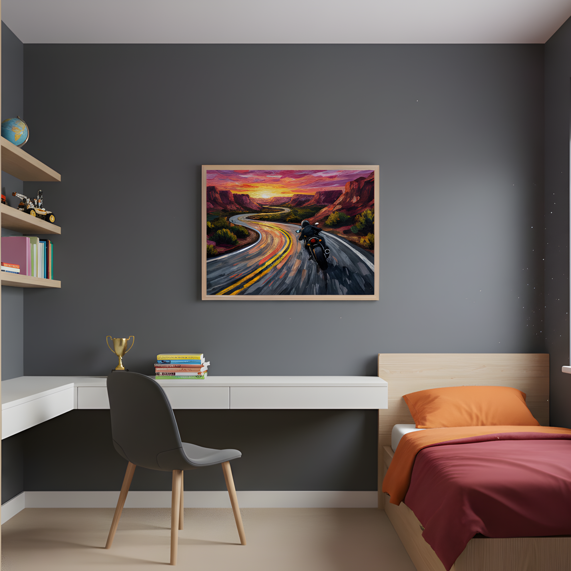Modern kid’s bedroom with dark gray walls features a colorful painting of a motorcyclist on a winding road at sunset, hanging above a built-in desk. The room includes a light wood bed with orange and burgundy bedding, a stack of books and a trophy on the desk, and shelves with toys and books, blending adventure-themed art with a functional study space.