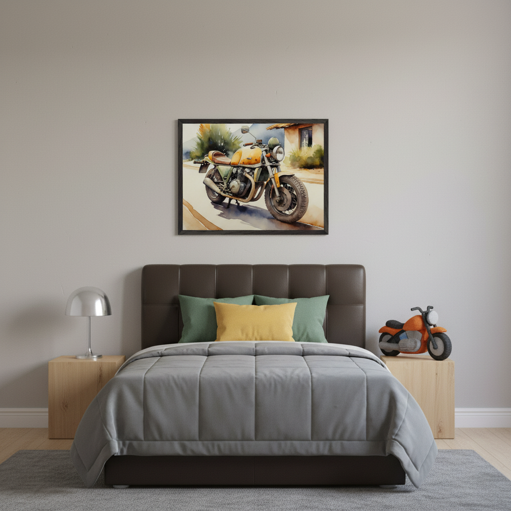 Modern bedroom with a brown upholstered bed, two wooden nightstands, and a gray duvet. A large framed watercolor painting of a yellow vintage motorcycle on a road hangs centered above the bed. A small orange toy motorcycle sits on the right nightstand.