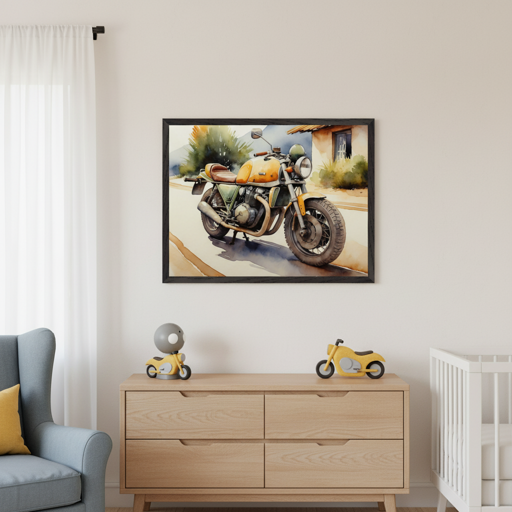 Modern nursery with a light wood dresser and white crib. A large framed watercolor painting of a vintage yellow and green motorcycle on a road hangs above the dresser. A grey armchair is on the left.