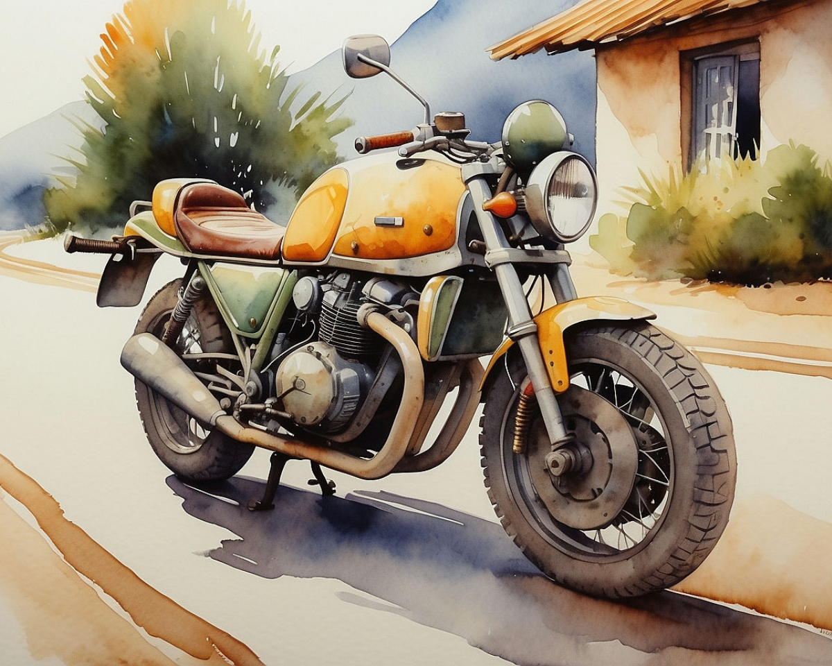 A vintage motorcycle with a yellow and green color scheme is parked on a road near a rustic house, with lush greenery and mountains in the background, painted in a watercolor style.