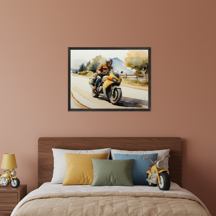 Modern bedroom with a wooden bed and headboard. A framed watercolor painting of a person on a yellow motorcycle riding on a road is centered above the bed. A yellow motorcycle-shaped lamp is on a nightstand to the left, and a yellow toy motorcycle is on the bed to the right.
