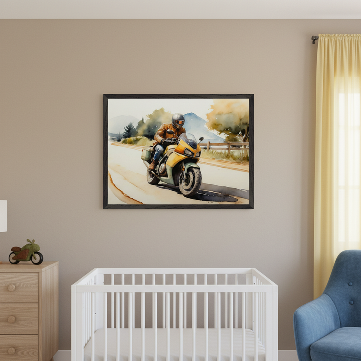 Modern nursery with a white crib, wooden dresser, and blue armchair. A large framed watercolor painting of a person riding a yellow motorcycle on a scenic road hangs centered above the crib.