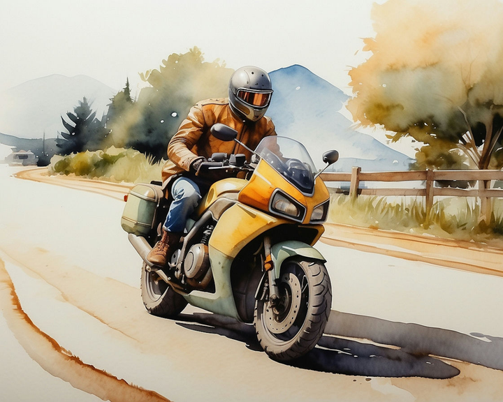 A motorcyclist wearing a brown jacket and helmet rides a yellow motorcycle on a sunny road, with trees and mountains in the background.