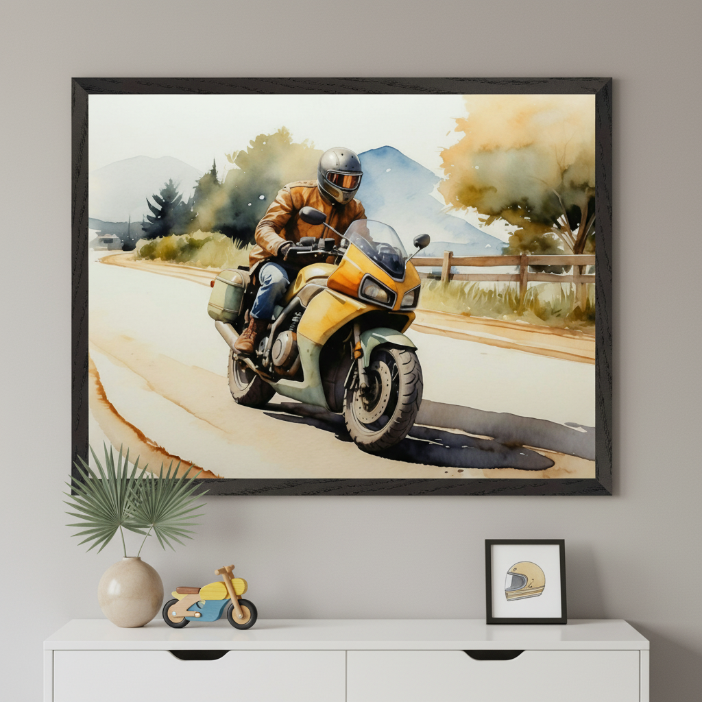 Modern living space with a white dresser. A large framed watercolor painting depicting a person on a yellow motorcycle on a winding road with a rural landscape hangs centered above the dresser. A vase, toy motorcycle, and helmet print are on the dresser.