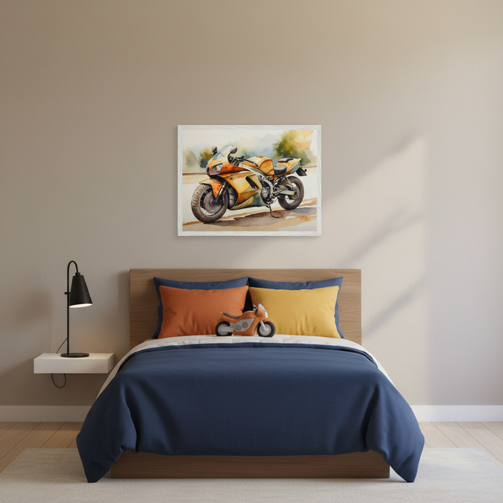 Modern kid's bedroom with a wooden bed, navy duvet, and orange/yellow pillows. A framed watercolor painting of an orange sport motorcycle hangs above the bed. A black lamp is on a white floating nightstand. A toy motorcycle is on the bed.
