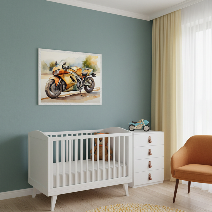 Modern nursery with teal walls, a white crib, and a white dresser. A framed watercolor painting of an orange and yellow sport motorcycle hangs centered above the crib and dresser.