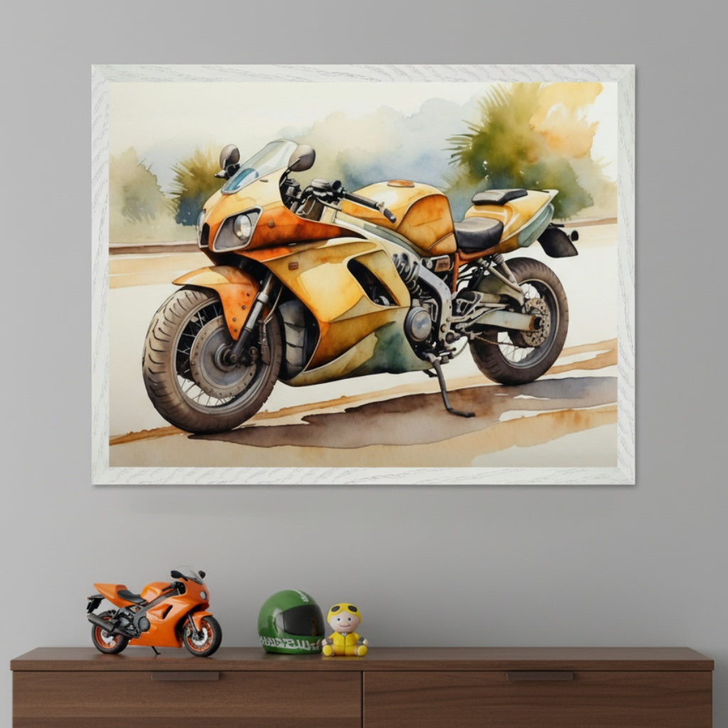 Modern room with a brown wooden dresser. A large framed watercolor painting of a yellow and orange sport motorcycle hangs centered above the dresser. On the dresser are an orange toy motorcycle, a green helmet, and a yellow figurine.