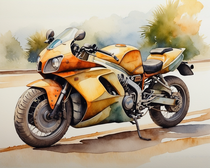 A watercolor painting of a sleek, orange sports motorcycle parked on a road, with detailed shading and highlights. The background features soft, blurred greenery, adding depth to the scene.