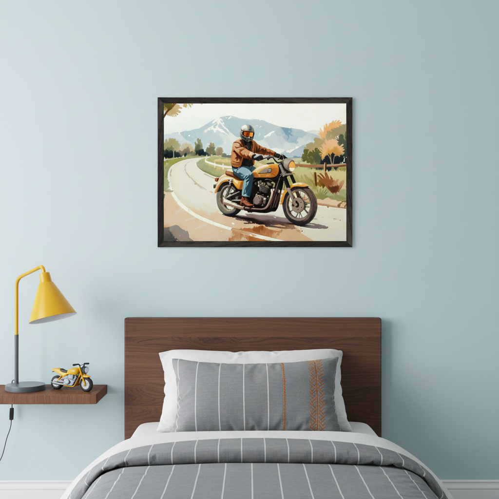 Kid's bedroom with a brown headboard and bed with gray striped bedding. A yellow lamp and toy motorcycle are on a floating shelf left of the bed. Above the bed, a framed watercolor-style painting shows a person on a yellow motorcycle on a winding road with mountains and trees.
