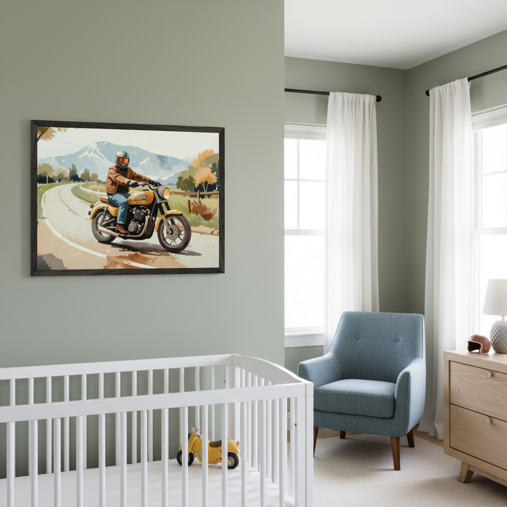 Modern nursery with light green walls. A large framed painting of a man on a yellow motorcycle on a road, with mountains in the background, hangs on the left wall above a white crib. A blue armchair and wooden dresser are to the right.
