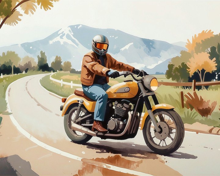 A person wearing a brown jacket and blue jeans rides a vintage-style motorcycle along a winding country road, with a backdrop of snow-capped mountains and lush greenery under a clear sky.