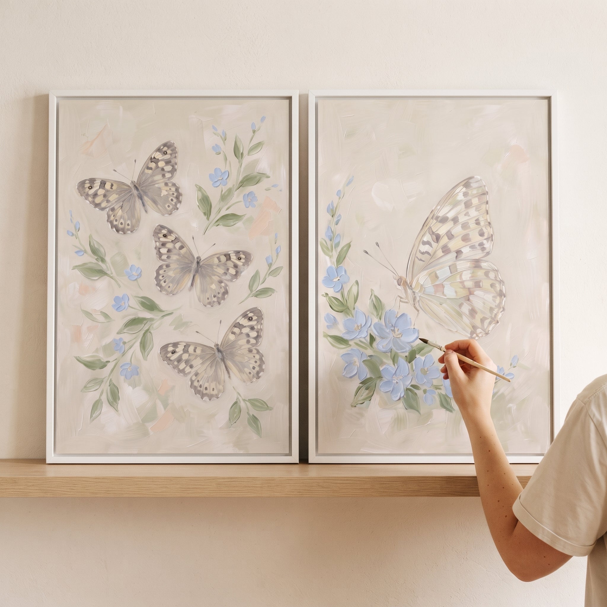 Mottled Wing Botanical Butterfly Wall Art Set of 2 - Blue Bloom Flutter
