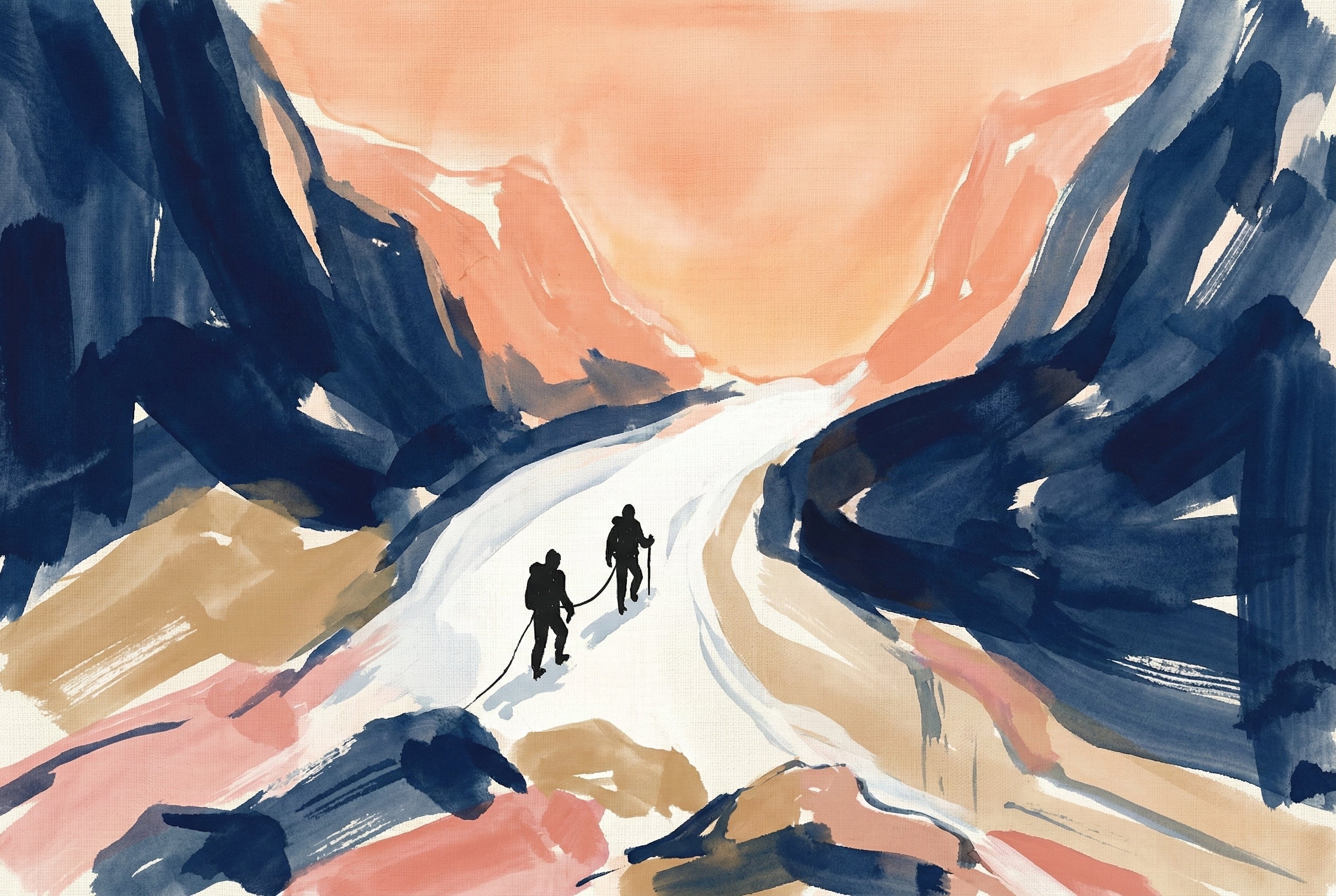 Two hikers roped together trek along a snowy trail cutting through steep dark cliffs, as the sky glows orange with early morning light.



