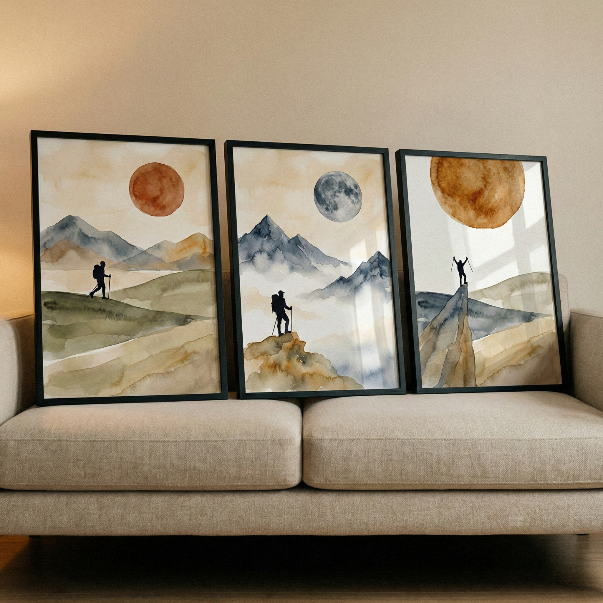 Three framed minimalist landscape artworks rest on a light beige sofa. Each piece features a silhouetted adventurer in a mountainous scene with a large celestial body. The left artwork shows a hiker under a reddish sun. The middle piece depicts a figure on a peak under a grey moon. The right art shows a climber with arms raised in triumph under a large golden sun. The artworks use soft washes of blue, tan, and earth tones, all encased in simple black frames.